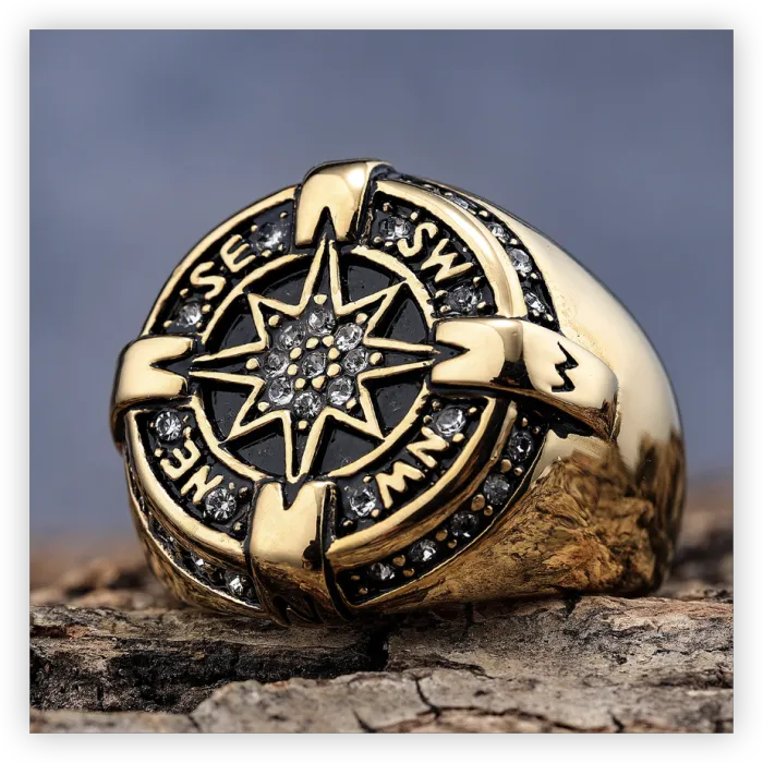 Nautical Compass Star Ring – Diamond-Accented Titanium Steel Norse Style Ring, Fashion Ocean-Inspired Jewelry Wholesale
