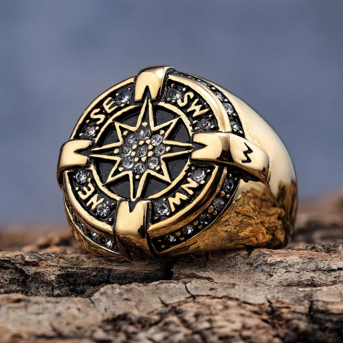 Nautical Compass Star Ring – Diamond-Accented Titanium Steel Norse Style Ring, Fashion Ocean-Inspired Jewelry Wholesale