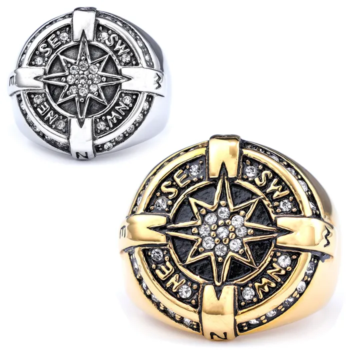 Nautical Compass Star Ring – Diamond-Accented Titanium Steel Norse Style Ring, Fashion Ocean-Inspired Jewelry Wholesale