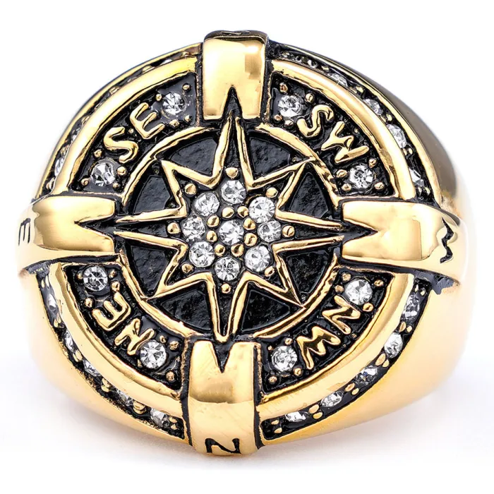 Nautical Compass Star Ring – Diamond-Accented Titanium Steel Norse Style Ring, Fashion Ocean-Inspired Jewelry Wholesale