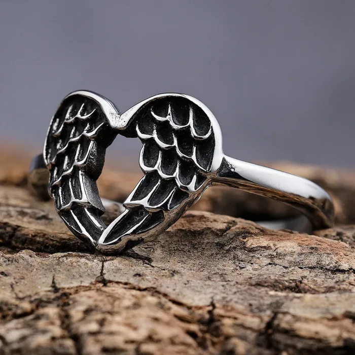 Wing Band Ring – Classic Stainless Steel Unisex Vintage Style Feather Ring, Minimalist Guardian Jewelry Wholesale