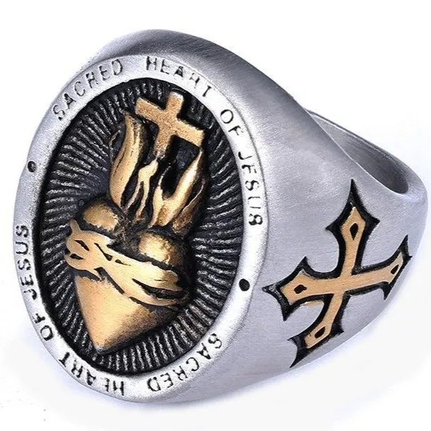 Heart & Cross Ring – Vintage Gothic Titanium Steel Rust-Proof Heart-Shaped Jewelry, Bold Statement Ring Wholesale