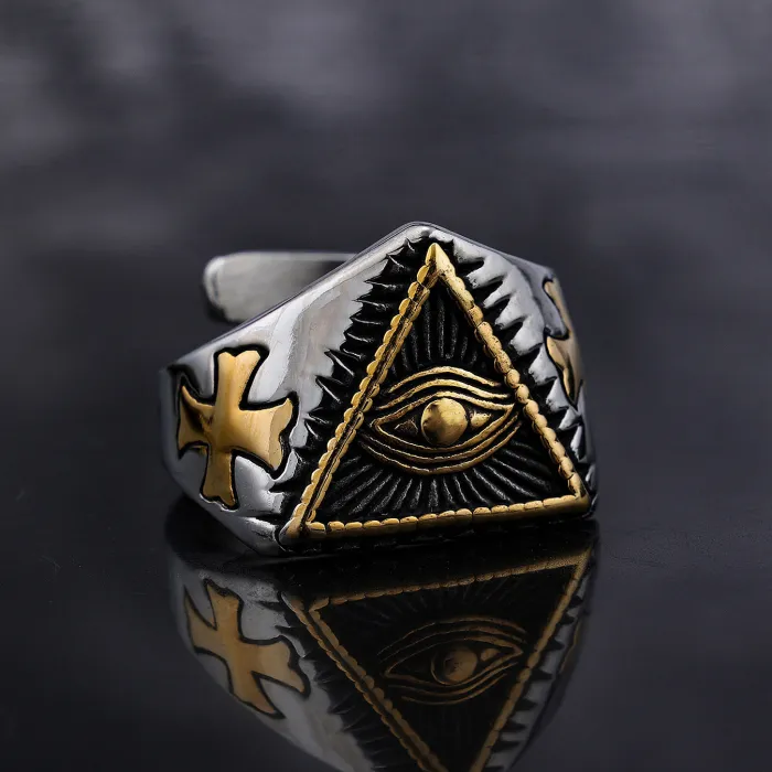 All-Seeing Eye Triangle Ring – 3D Geometric Titanium Steel Men’s Fashion Jewelry, Symbolic Statement Ring Wholesale
