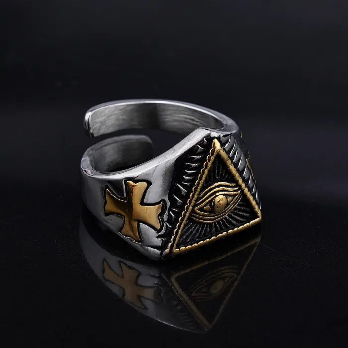 All-Seeing Eye Triangle Ring – 3D Geometric Titanium Steel Men’s Fashion Jewelry, Symbolic Statement Ring Wholesale