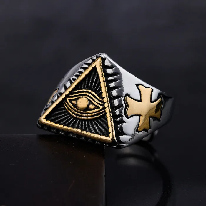 All-Seeing Eye Triangle Ring – 3D Geometric Titanium Steel Men’s Fashion Jewelry, Symbolic Statement Ring Wholesale