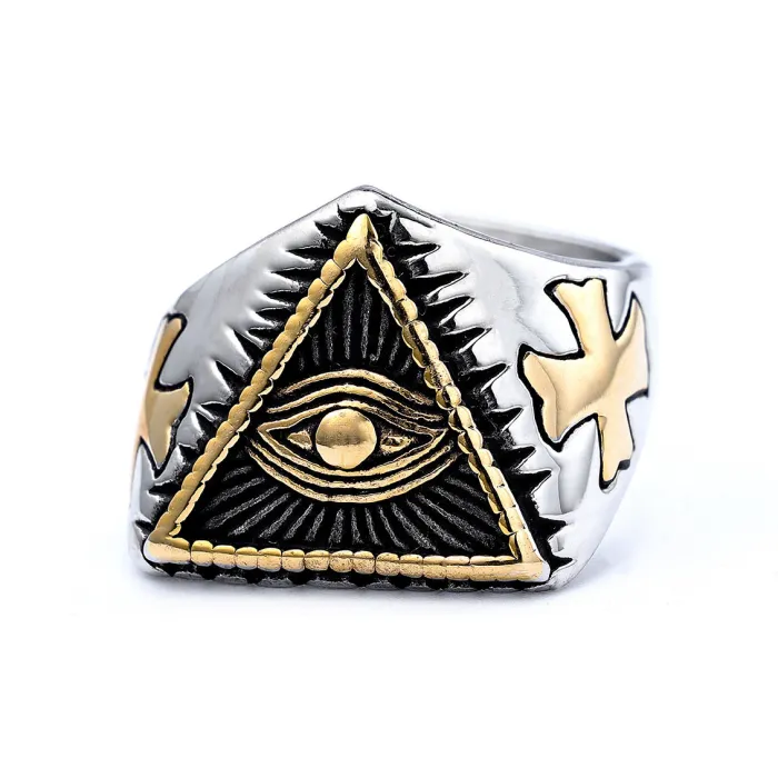 All-Seeing Eye Triangle Ring – 3D Geometric Titanium Steel Men’s Fashion Jewelry, Symbolic Statement Ring Wholesale