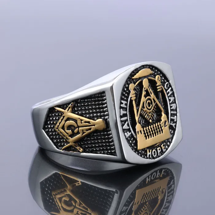 Freemason AG Ring – Bold Stainless Steel Masonic Symbol Titanium Steel Unisex Ring, Wholesale Fashion Statement Jewelry