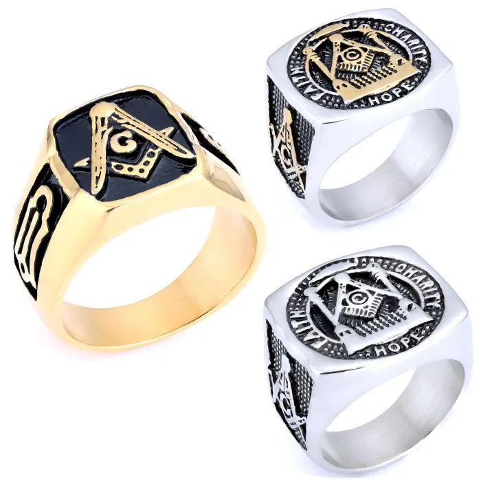 Freemason AG Ring – Bold Stainless Steel Masonic Symbol Titanium Steel Unisex Ring, Wholesale Fashion Statement Jewelry