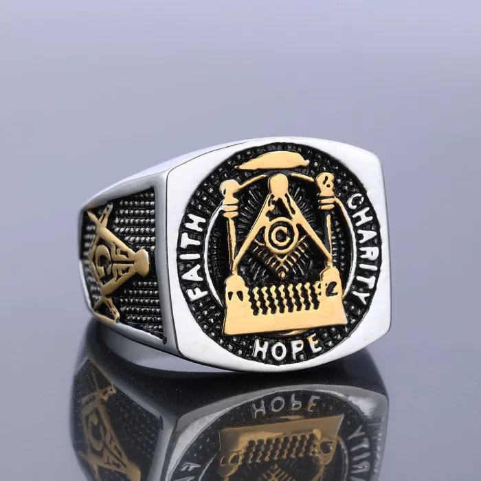 Freemason AG Ring – Bold Stainless Steel Masonic Symbol Titanium Steel Unisex Ring, Wholesale Fashion Statement Jewelry