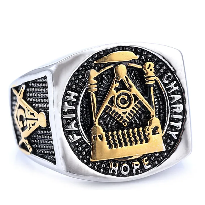 Freemason AG Ring – Bold Stainless Steel Masonic Symbol Titanium Steel Unisex Ring, Wholesale Fashion Statement Jewelry