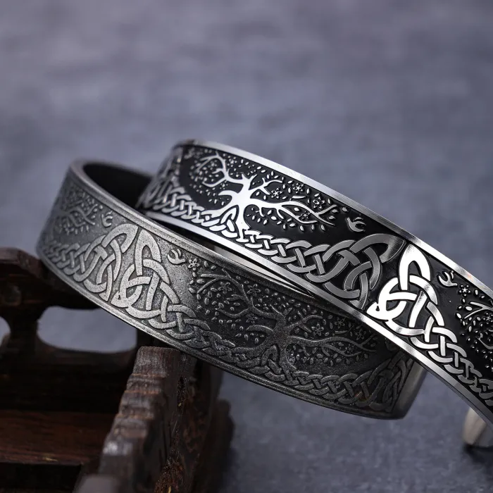Tree of Life Cuff Bracelet – Open-Ended Stainless Steel Mesh Bangle, Nature Symbol Titanium Jewelry Wholesale