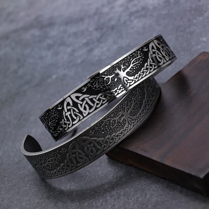 Tree of Life Cuff Bracelet – Open-Ended Stainless Steel Mesh Bangle, Nature Symbol Titanium Jewelry Wholesale