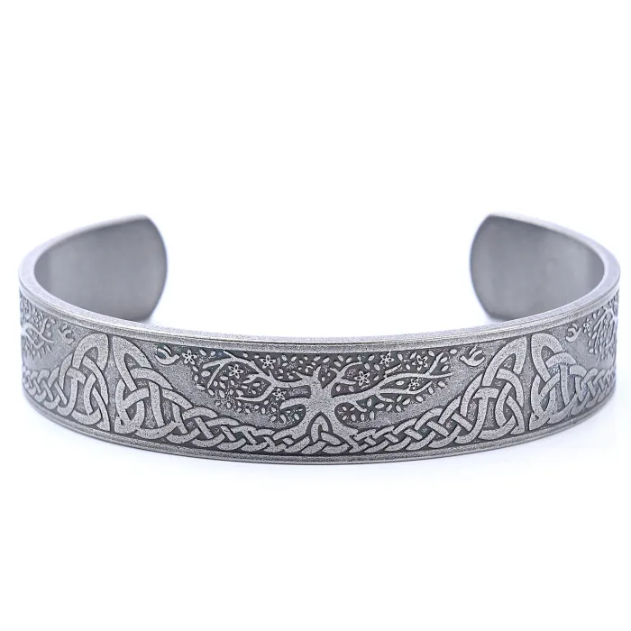 Tree of Life Cuff Bracelet – Open-Ended Stainless Steel Mesh Bangle, Nature Symbol Titanium Jewelry Wholesale