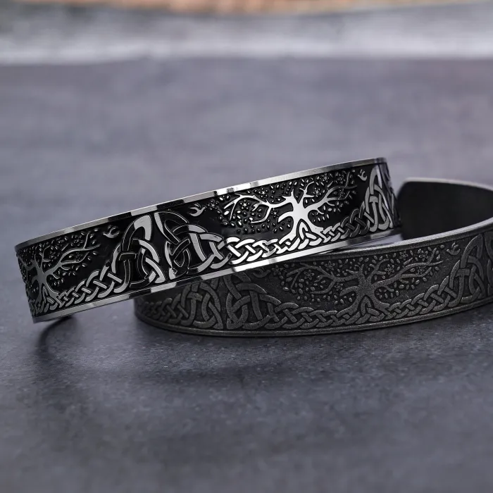 Tree of Life Cuff Bracelet – Open-Ended Stainless Steel Mesh Bangle, Nature Symbol Titanium Jewelry Wholesale
