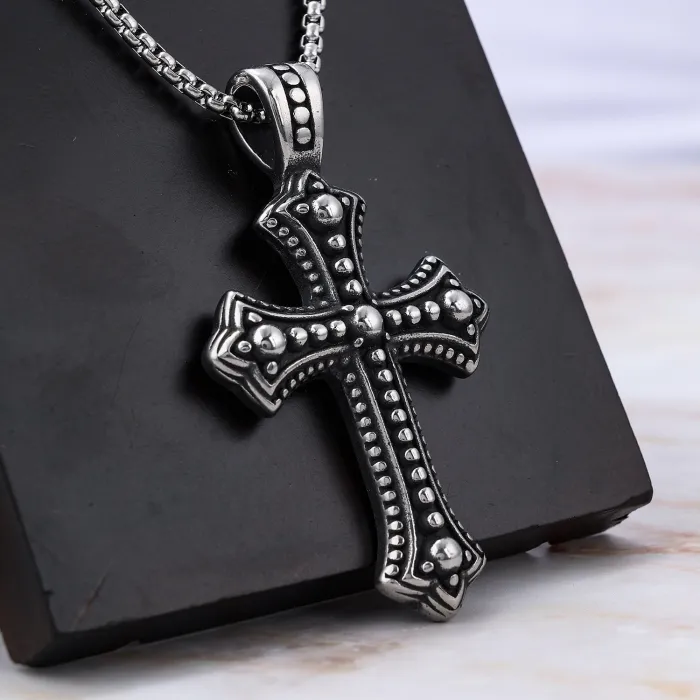 Textured Cross Pendant – Grit-Finish Stainless Steel Gothic Necklace, Wholesale & Drop Shipping Available