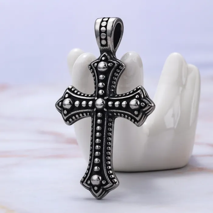 Textured Cross Pendant – Grit-Finish Stainless Steel Gothic Necklace, Wholesale & Drop Shipping Available