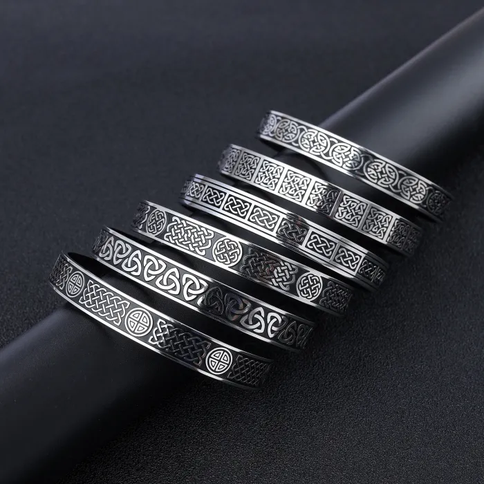 Viking Cuff Bracelet – Open-Ended Stainless Steel British-Inspired Norse Bangle, Artistic Men’s Jewelry Wholesale