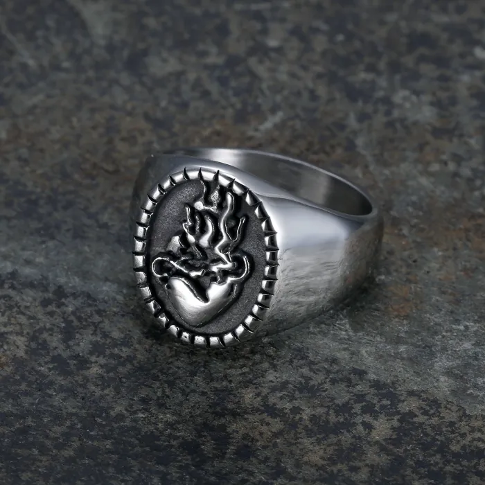 Sacred Heart Flame Ring – Unisex Titanium Steel Heartfire Symbol Band, Gothic Religious Style Jewelry Wholesale