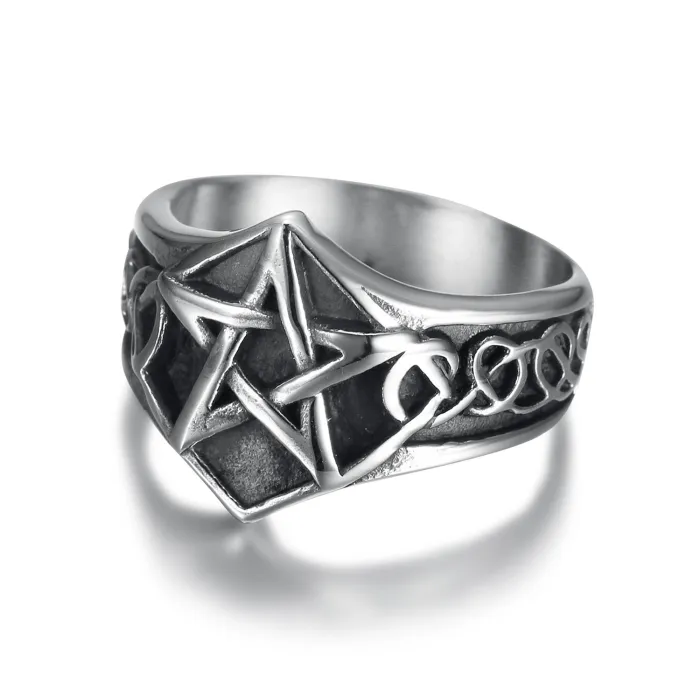 Pentagram Ring – Titanium Steel Gothic Star Symbol Ring for Men, Occult Style Jewelry Wholesale In Stock