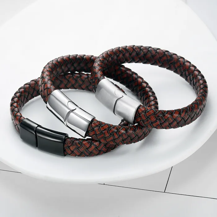 Men’s Braided Leather Bracelet – Handmade Rope Wristband with Stainless Steel Magnetic Clasp, Wholesale Fashion Jewelry