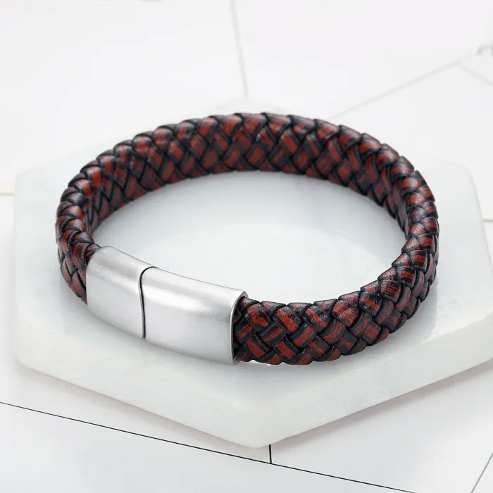 Men’s Braided Leather Bracelet – Handmade Rope Wristband with Stainless Steel Magnetic Clasp, Wholesale Fashion Jewelry