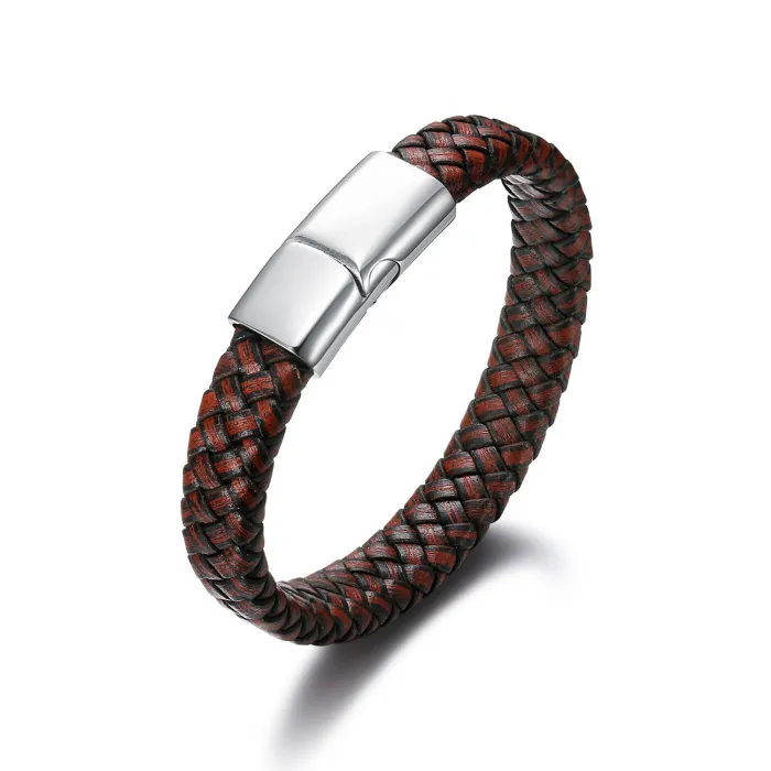 Men’s Braided Leather Bracelet – Handmade Rope Wristband with Stainless Steel Magnetic Clasp, Wholesale Fashion Jewelry