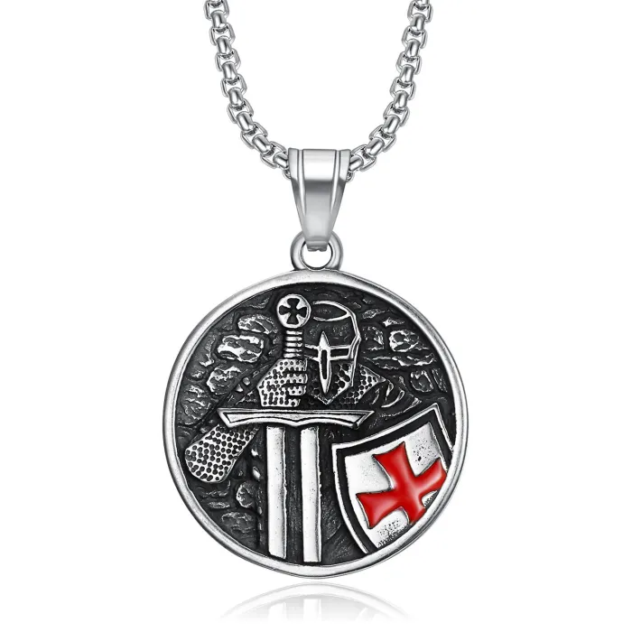 Templar Shield Pendant – Crusader-Inspired Stainless Steel Necklace with Epoxy Inlay, Medieval Knight Jewelry Wholesale