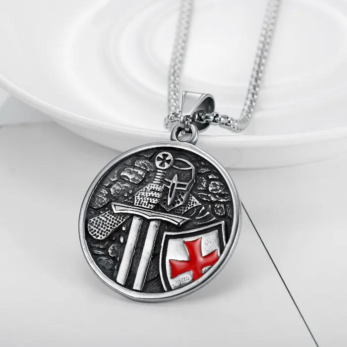 Templar Shield Pendant – Crusader-Inspired Stainless Steel Necklace with Epoxy Inlay, Medieval Knight Jewelry Wholesale