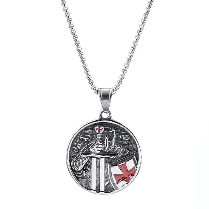 Templar Shield Pendant – Crusader-Inspired Stainless Steel Necklace with Epoxy Inlay, Medieval Knight Jewelry Wholesale