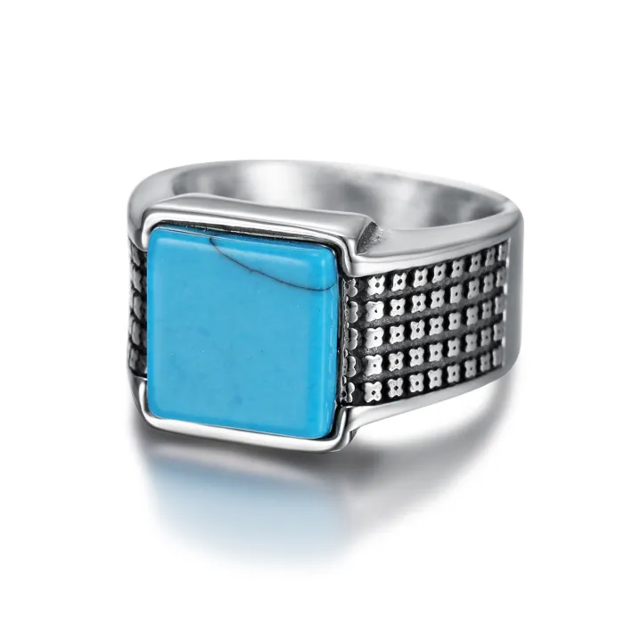 Men’s Square Turquoise Ring – Vintage Style Stainless Steel Gemstone Band, Fashion Jewelry In Stock Wholesale