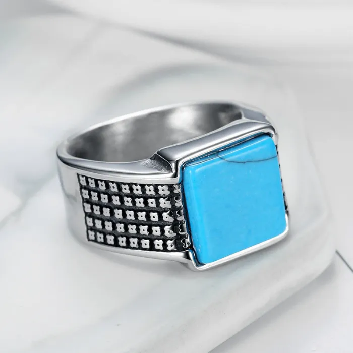 Men’s Square Turquoise Ring – Vintage Style Stainless Steel Gemstone Band, Fashion Jewelry In Stock Wholesale
