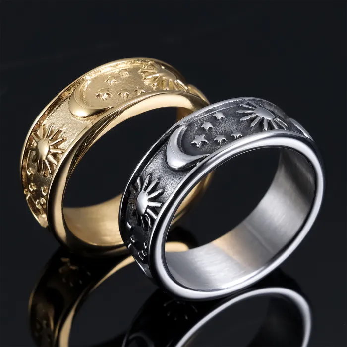Celestial Ring – INS Style Sun Moon Star Titanium Steel Unisex Band, Trend Jewelry New Arrival Wholesale