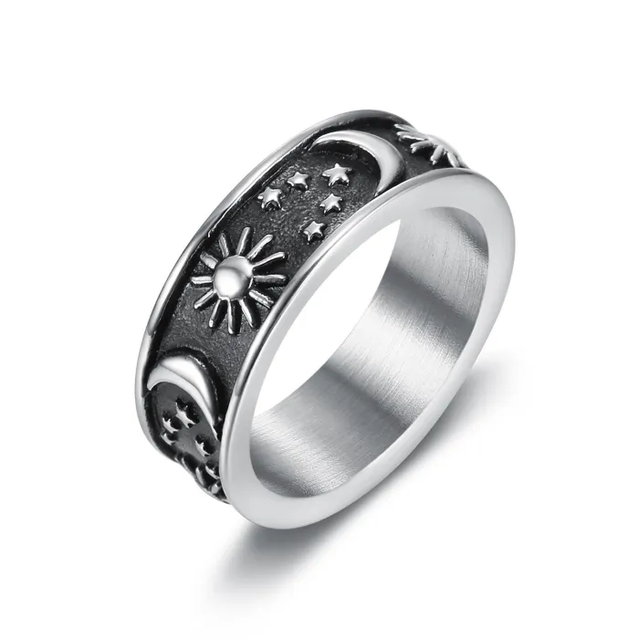 Celestial Ring – INS Style Sun Moon Star Titanium Steel Unisex Band, Trend Jewelry New Arrival Wholesale