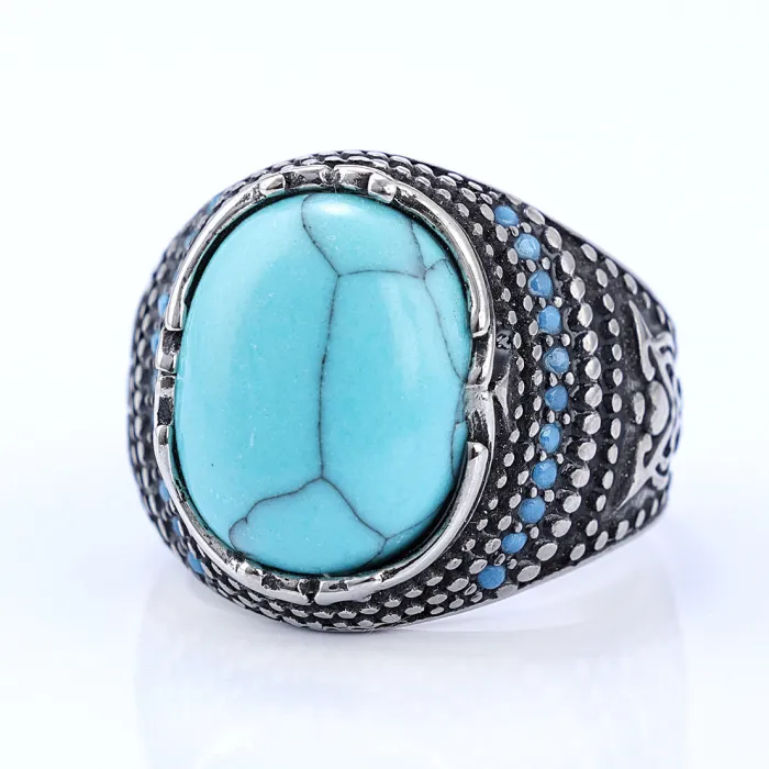 Turquoise Tribal Ring – Retro Native Style Titanium Steel Men’s Statement Band, Fashion Jewelry Wholesale