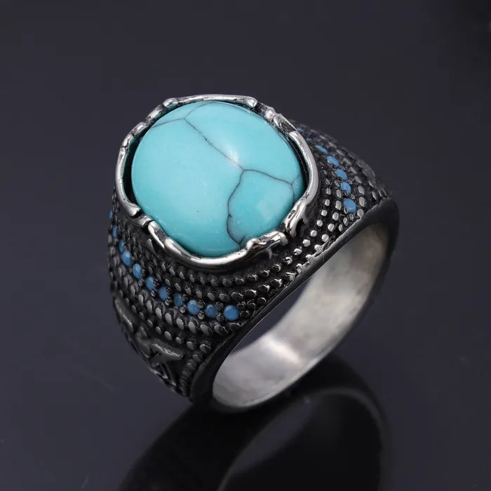 Turquoise Tribal Ring – Retro Native Style Titanium Steel Men’s Statement Band, Fashion Jewelry Wholesale