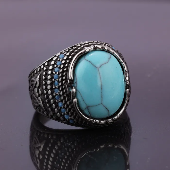 Turquoise Tribal Ring – Retro Native Style Titanium Steel Men’s Statement Band, Fashion Jewelry Wholesale