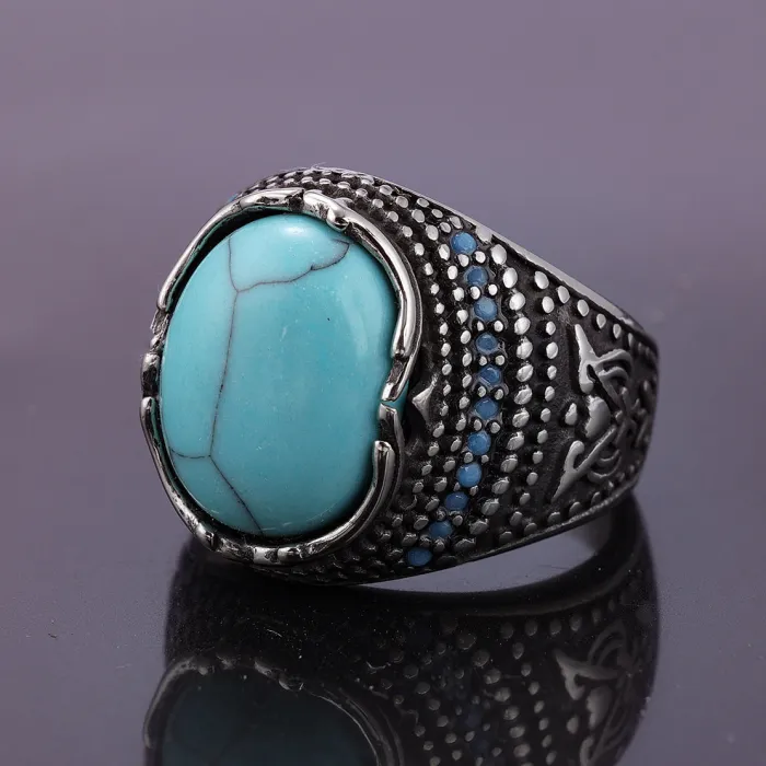 Turquoise Tribal Ring – Retro Native Style Titanium Steel Men’s Statement Band, Fashion Jewelry Wholesale