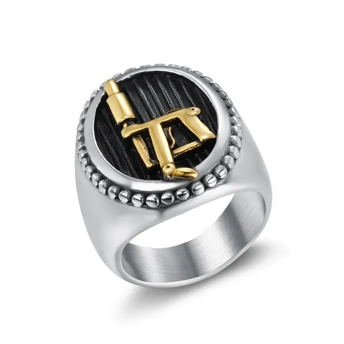 Tattoo Machine Logo Ring – Dual-Tone Stainless Steel Retro Men’s Biker Style Jewelry, Wholesale Available