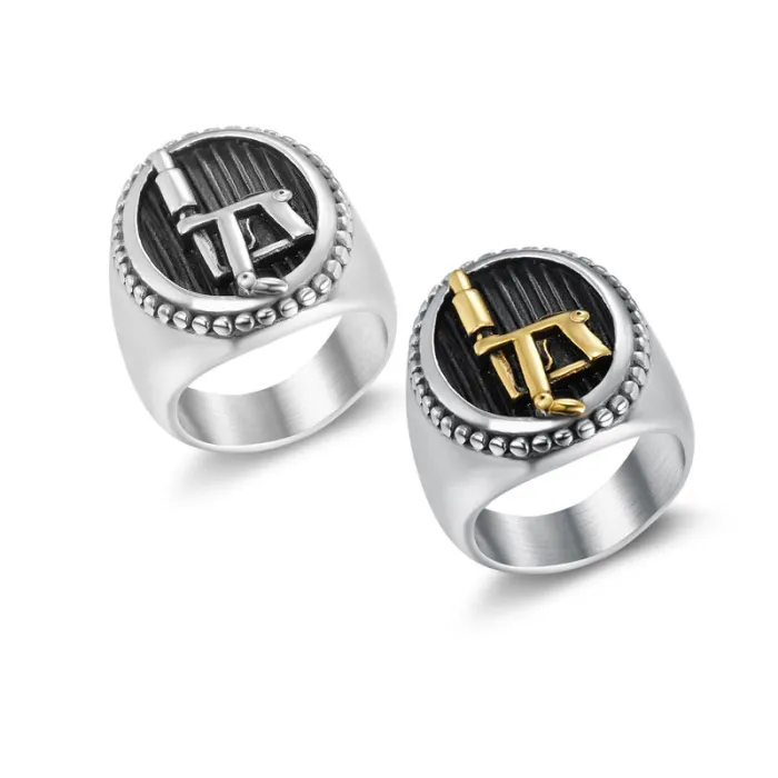 Tattoo Machine Logo Ring – Dual-Tone Stainless Steel Retro Men’s Biker Style Jewelry, Wholesale Available