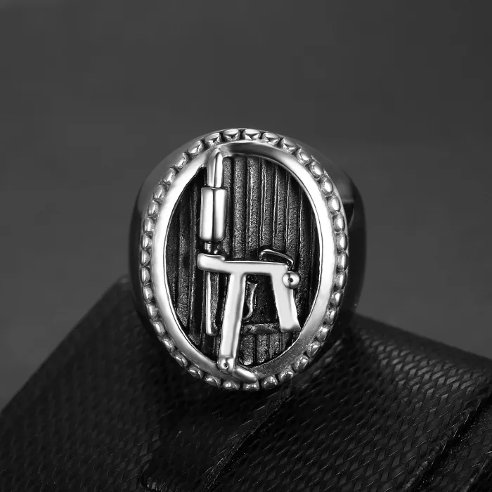 Tattoo Machine Logo Ring – Dual-Tone Stainless Steel Retro Men’s Biker Style Jewelry, Wholesale Available