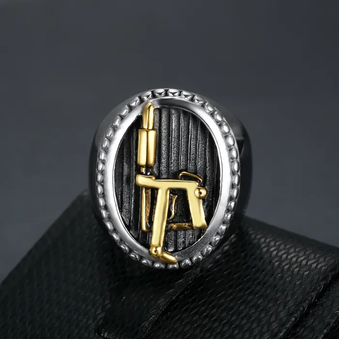 Tattoo Machine Logo Ring – Dual-Tone Stainless Steel Retro Men’s Biker Style Jewelry, Wholesale Available
