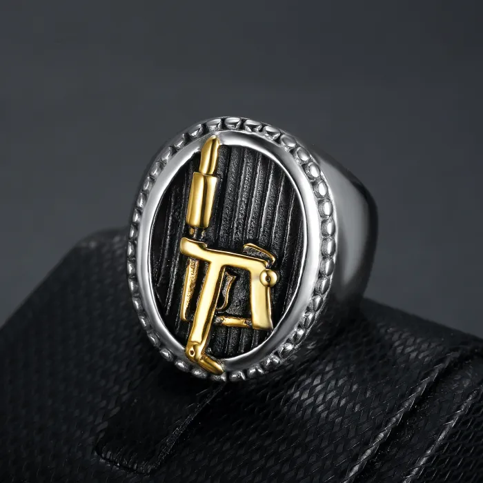 Tattoo Machine Logo Ring – Dual-Tone Stainless Steel Retro Men’s Biker Style Jewelry, Wholesale Available