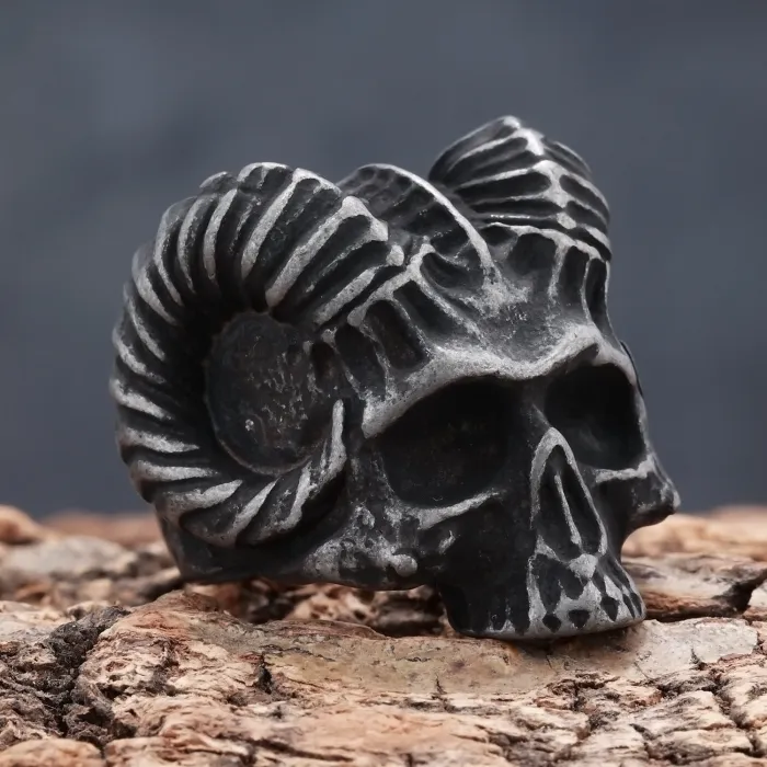 Ram Skull Ring – Vintage Gothic Ram Head Titanium Steel Men’s Ring, Punk Biker Jewelry Wholesale