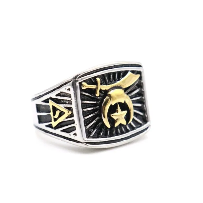 Freemason Crescent Moon Star Ring – Stainless Steel Men’s Gothic Masonic Symbol Band, Occult Jewelry Wholesale