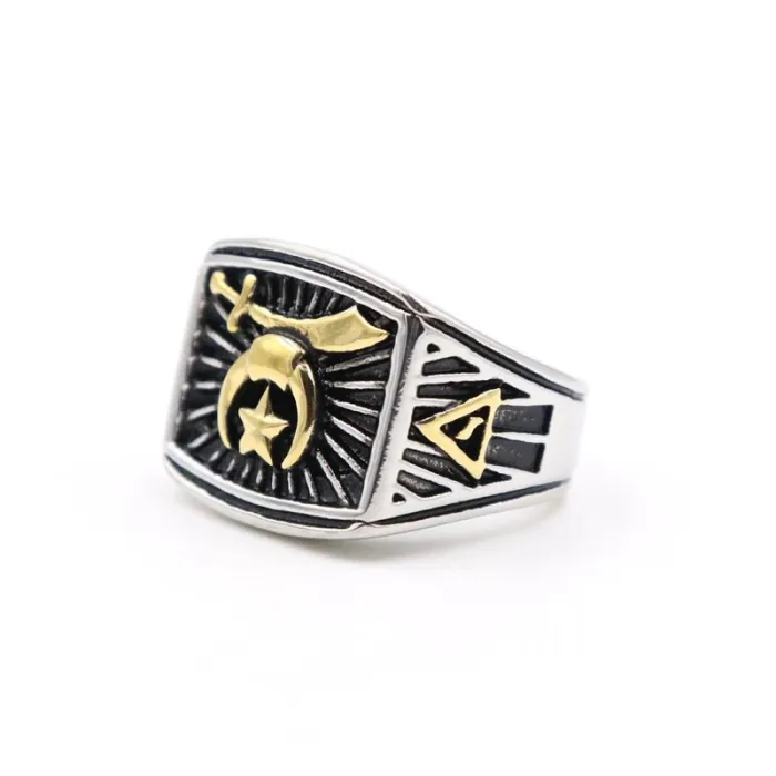 Freemason Crescent Moon Star Ring – Stainless Steel Men’s Gothic Masonic Symbol Band, Occult Jewelry Wholesale