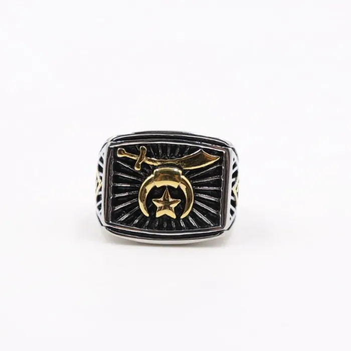 Freemason Crescent Moon Star Ring – Stainless Steel Men’s Gothic Masonic Symbol Band, Occult Jewelry Wholesale
