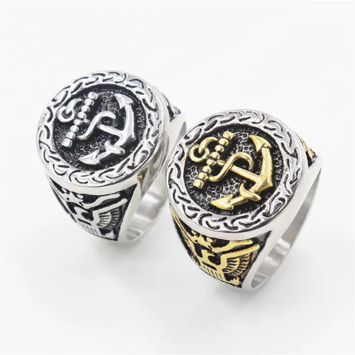 Gold Skull Anchor Ring – Punk Nautical Style Stainless Steel Men’s Ring, Fade-Resistant Biker Jewelry Wholesale