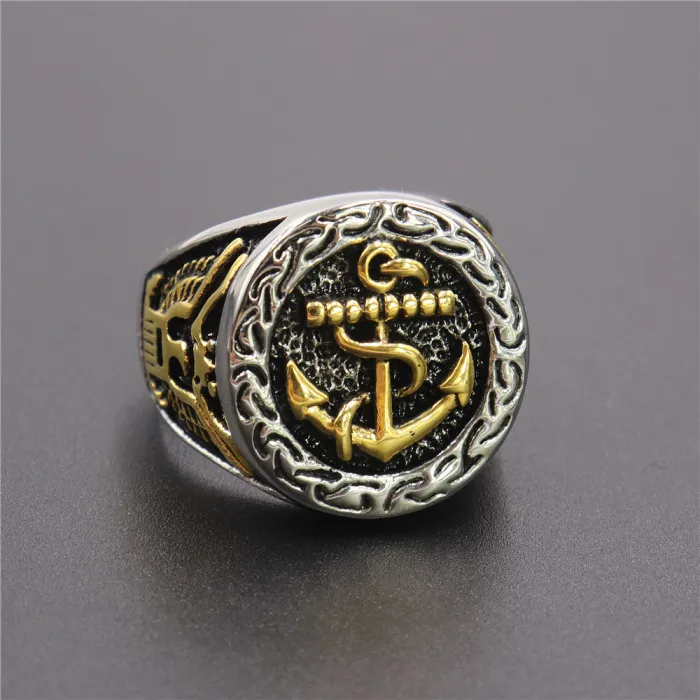 Gold Skull Anchor Ring – Punk Nautical Style Stainless Steel Men’s Ring, Fade-Resistant Biker Jewelry Wholesale