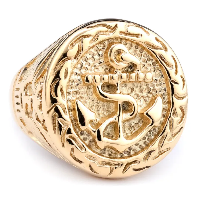 Gold Skull Anchor Ring – Punk Nautical Style Stainless Steel Men’s Ring, Fade-Resistant Biker Jewelry Wholesale