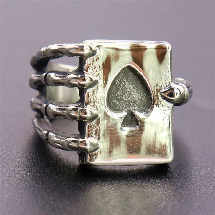 Skull Ace of Spades Ring – Stainless Steel Skeleton Holding Spade Symbol, Unisex Titanium Steel Mini Ring Wholesale